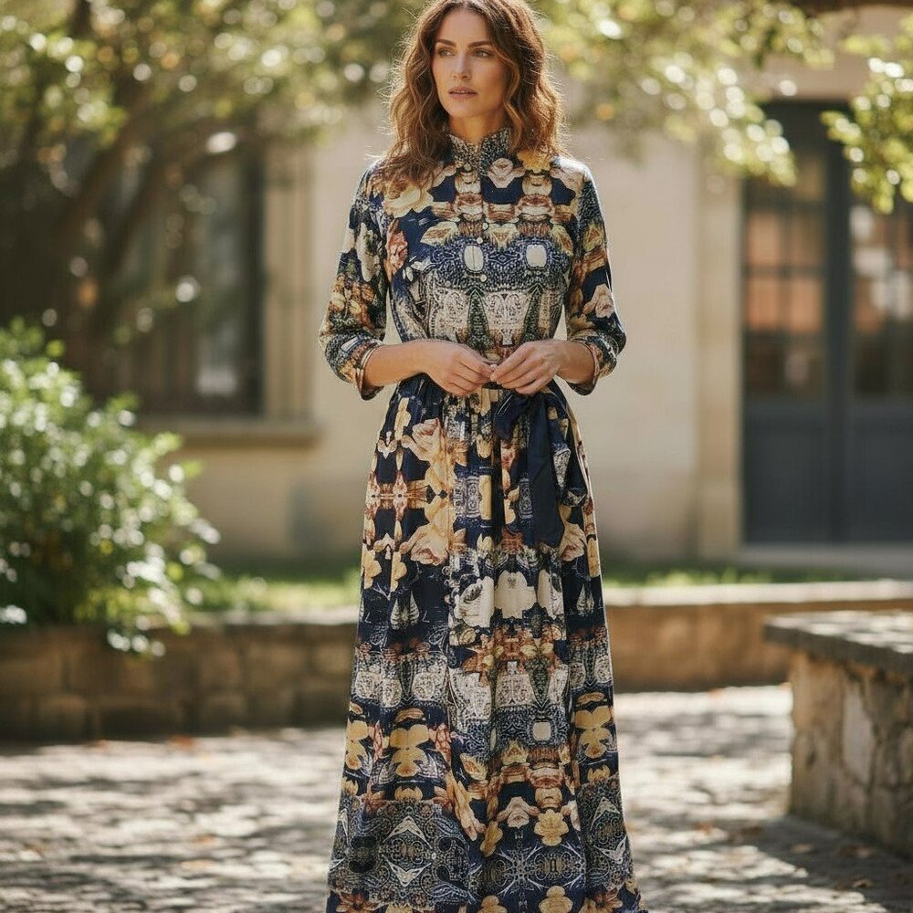 FT Inc Maxi Dress Womens M Floral Prairie Lagenlook Boho Cottagecore Hippie